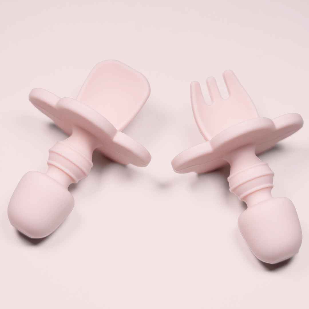 Set 2 piese Mini Furculita și Lingurita Silicon Baby Pink