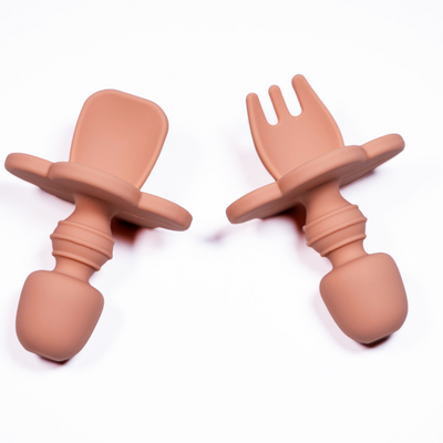 Set 2 piese Mini Furculita și Lingurita Silicon Peach Orange