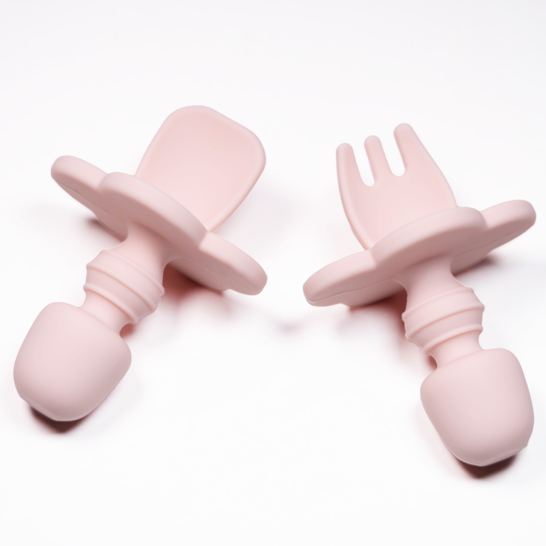 Set 2 piese Mini Furculita și Lingurita Silicon Baby Pink