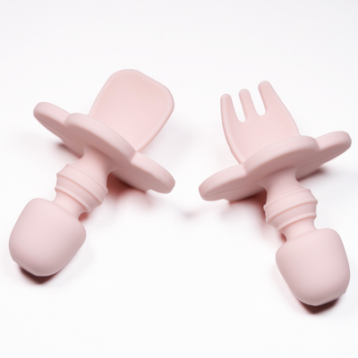 Set 2 piese Mini Furculita și Lingurita Silicon Baby Pink