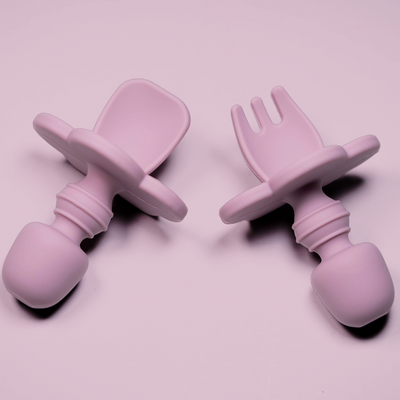 Set 2 piese Mini Furculita și Lingurita Silicon Dusty Pink
