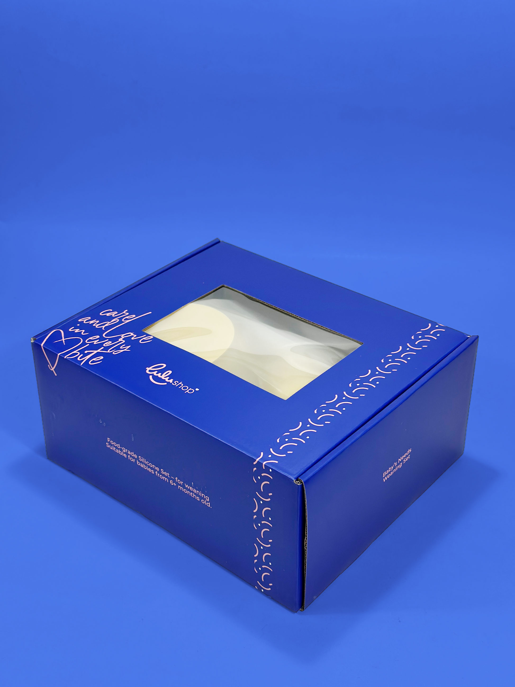 Lulushop baby weaning set in a branded blue gift box for food-grade silicone feeding essentials