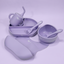 Lulushop 6-piece baby feeding set in Lavander Mist, featuring silicone suction plate, bowl, bib, cup, and utensils.
