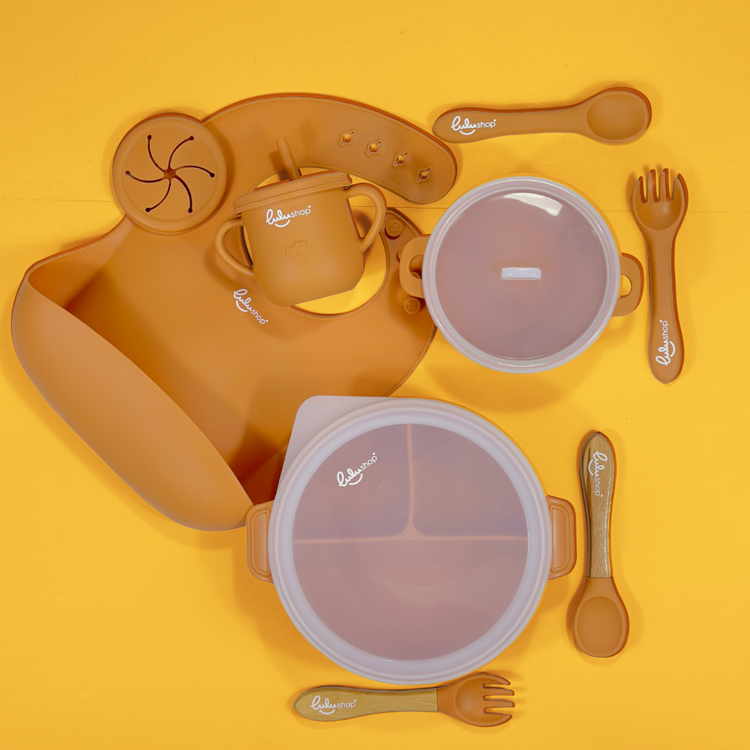 Lulushop 9-piece baby feeding set in Reddish Orange, featuring silicone suction plate, bowl, bib, cup, and utensils.